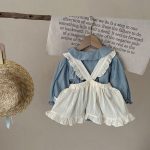 Infant Single-breasted Long Sleeve Small Plaid Romper Sling Small Overskirt - Image 6