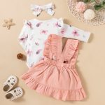 Printed Long-sleeved Baby Girl Romper Two-color Strap Ruffled Dress Headdress Three Pieces - Image 2