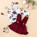 Printed Long-sleeved Baby Girl Romper Two-color Strap Ruffled Dress Headdress Three Pieces - Image 7