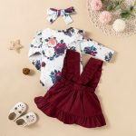Printed Long-sleeved Baby Girl Romper Two-color Strap Ruffled Dress Headdress Three Pieces - Image 5