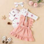 Printed Long-sleeved Baby Girl Romper Two-color Strap Ruffled Dress Headdress Three Pieces - Image 9